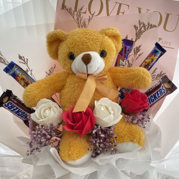 Soap Flowers Bouquet with Chocolates & Teddy Bear - Image 2