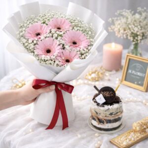 Five Daisies & Mini Cake (Fresh Flower)