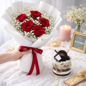 Five Roses & Mini Cake (Fresh Flower)