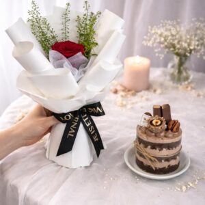 Single Rose & Mini Cake (Fresh Flower)