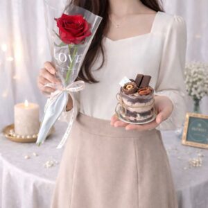 Rose & Mini Cake (Fresh Flower)