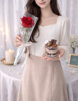 Rose & Mini Cake (Fresh Flower)